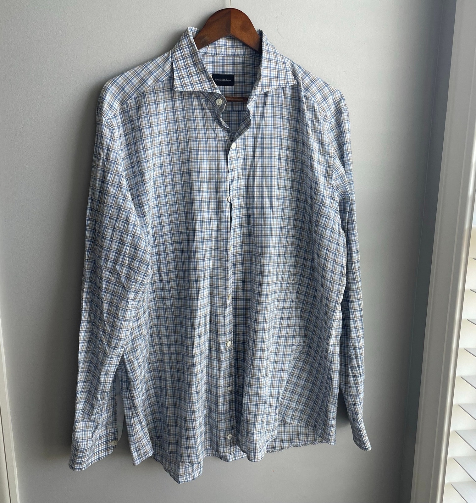 Ermenegildo Zegna 100% Cotton Plaid Button Up Dress Shirt Tan Blue Wht Sz Xl